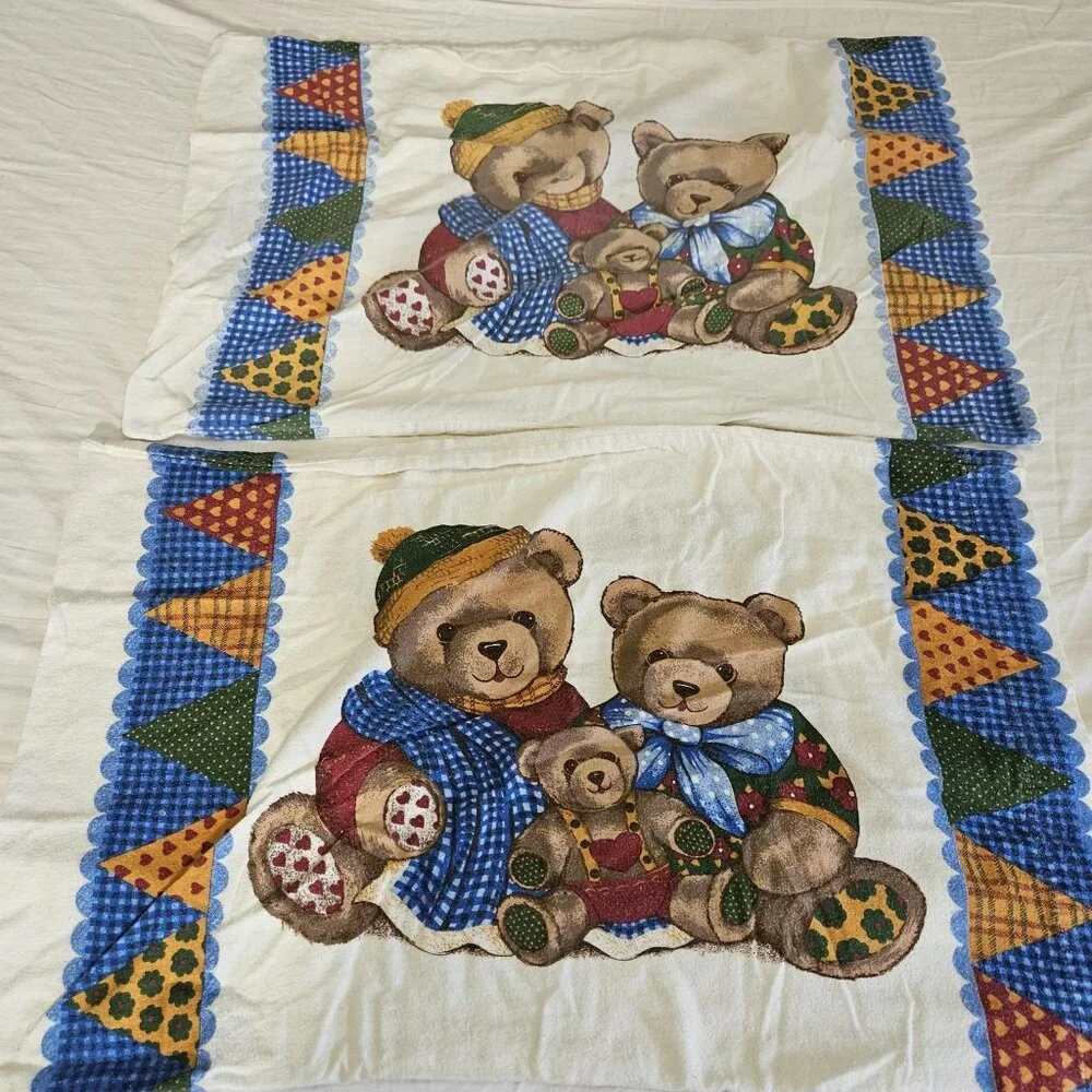 Vintage Teddy Bear Patchwork Standard Pillowcases Set 2 Cotton Country Animal